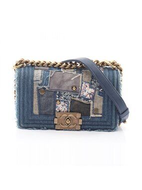 Chanel Shoulder Bag Boy Small Patchwork Antique Gold Denim Blue Ivory Multi